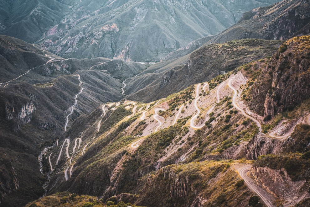 Zigzagging tracks across steep mountain slopes, Chihuahua State, Mexico