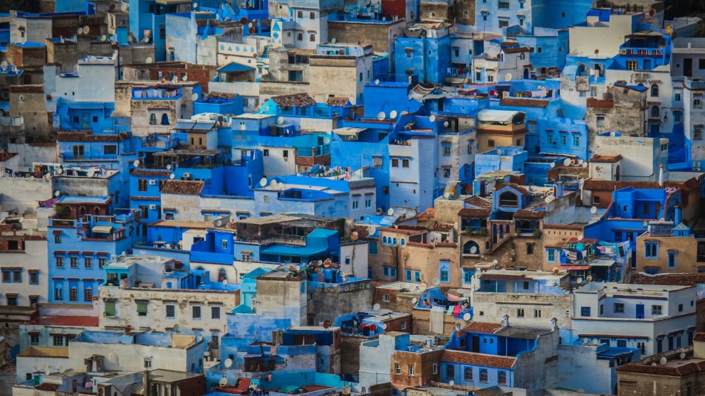 Blue-painted houses of Chefchaouen, Morocco, on a hillside