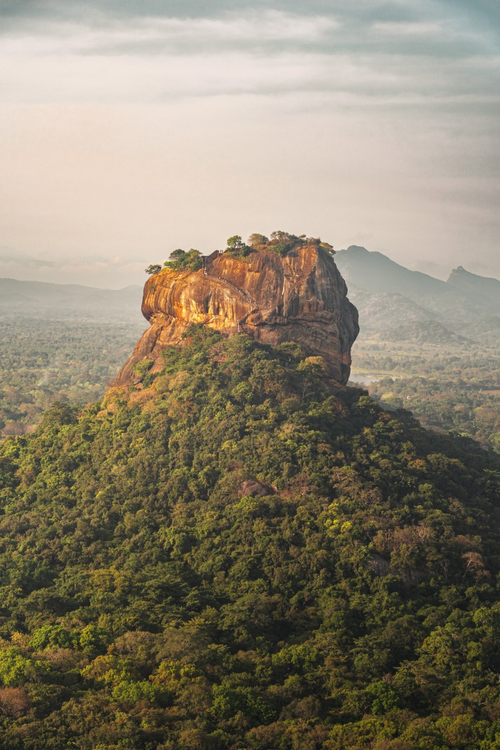 The rock fortress of Sigiriya rising above dense green jungle in soft morning light, Sri Lanka