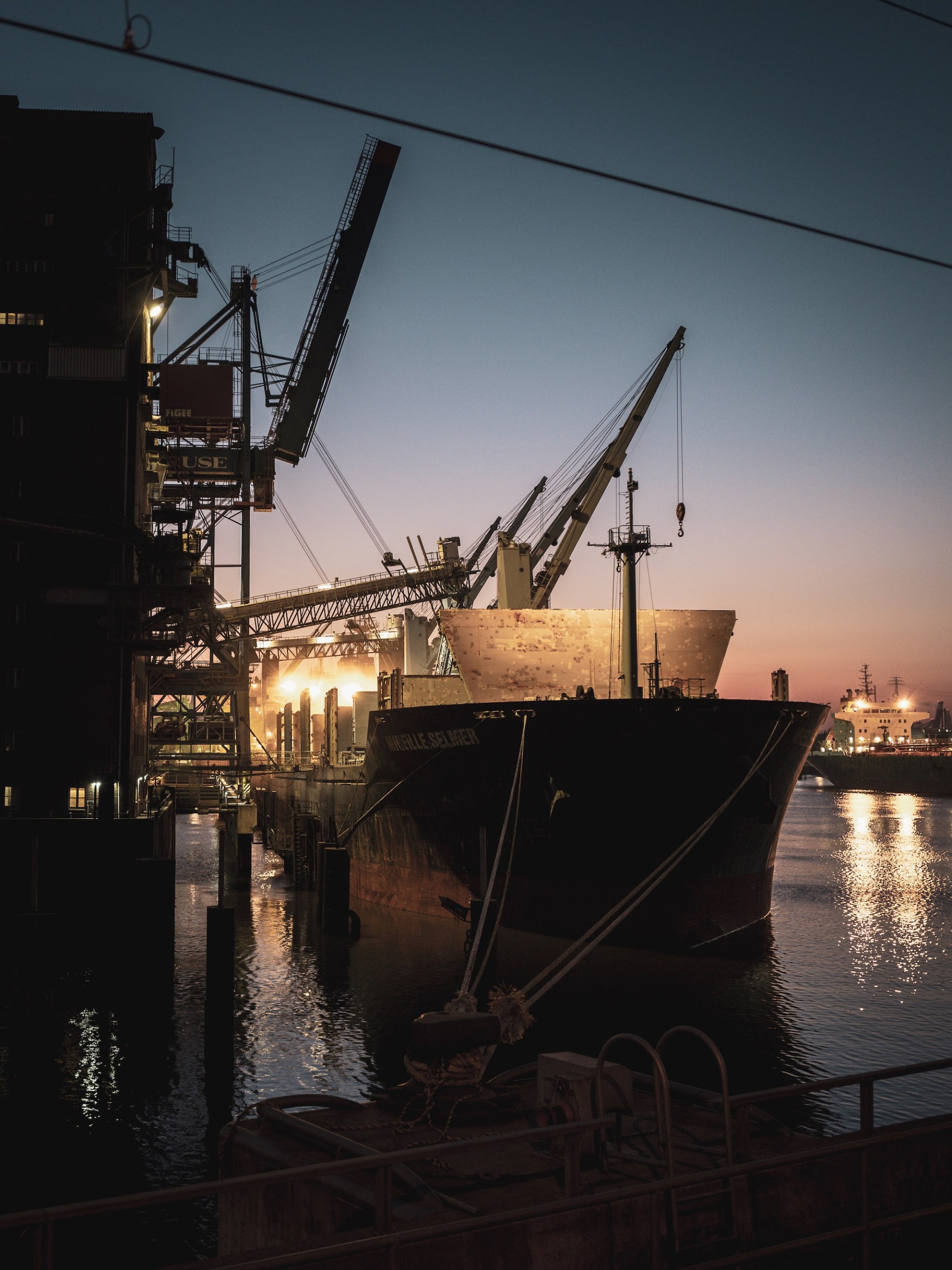 Bulk carrier moored at an illuminated loading terminal with cranes and conveyors at dusk in the port of Hamburg-Wilhelmsburg