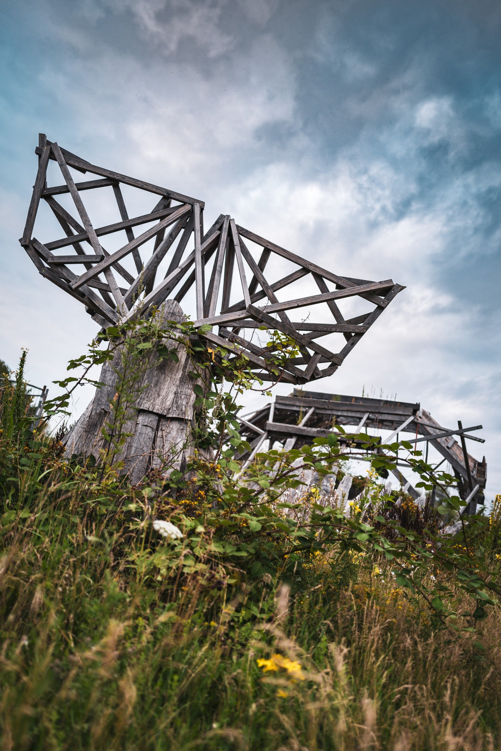 Wooden sculpture of a whale's tail rising from tall grass at the deserted MS Dockville festival site, Hamburg-Wilhelmsburg, Germany, summer 2020