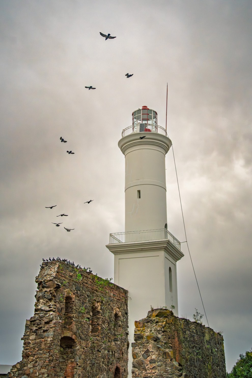 White lighthouse rising behind old stone ruins as birds circle in a cloudy sky, Colonia del Sacramento, Uruguay