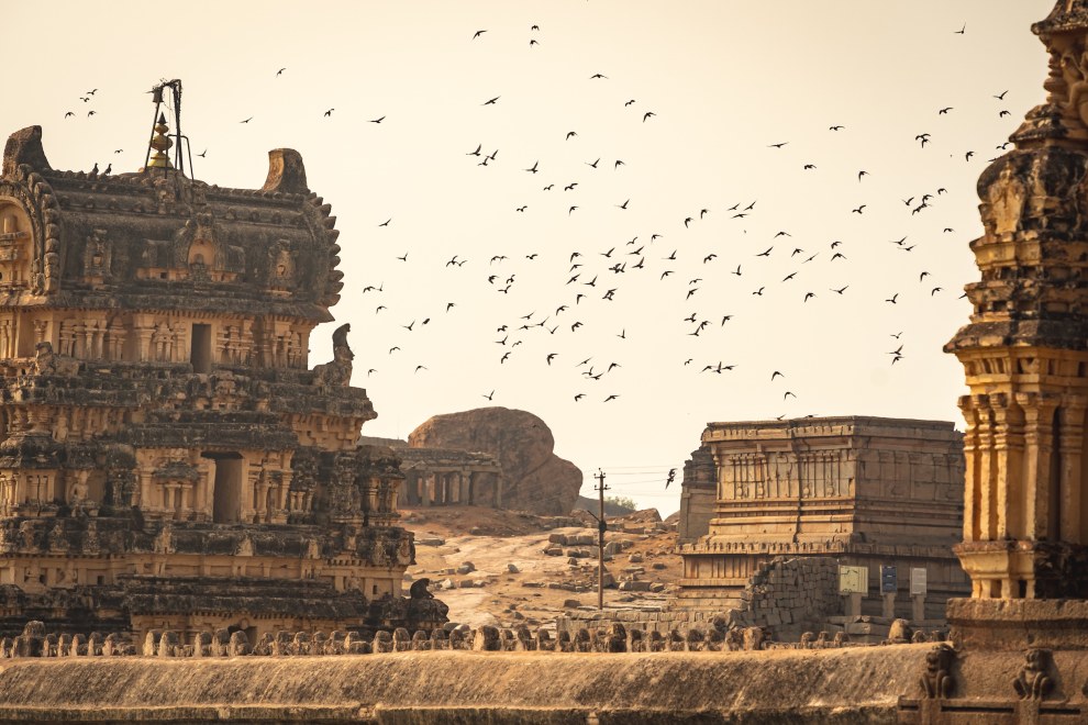A flock of birds circling above the stone temple ruins of Hampi in warm backlight, India