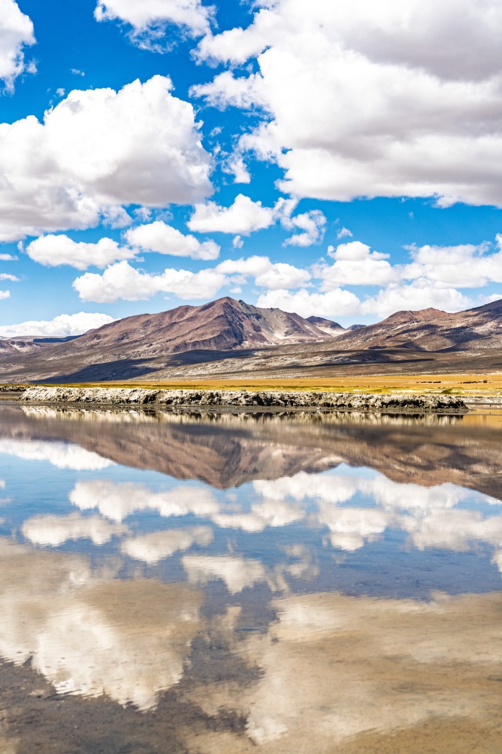 Mountains and white clouds mirrored in the still water of Laguna de Salinas, Peru