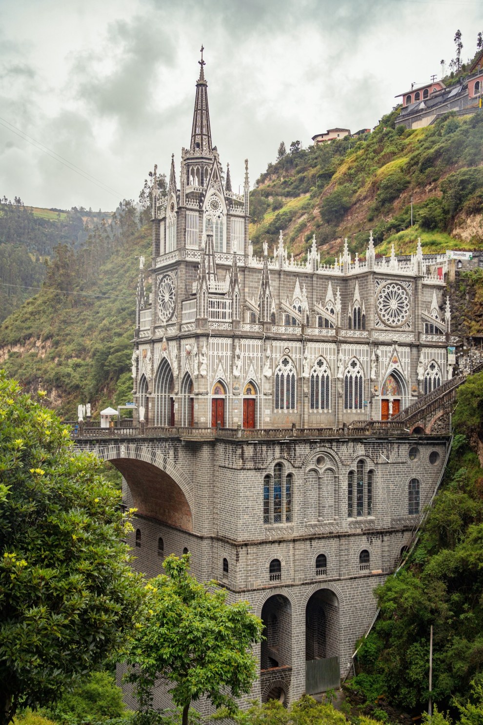 Gothic Las Lajas Sanctuary built on a bridge across a green canyon, Colombia