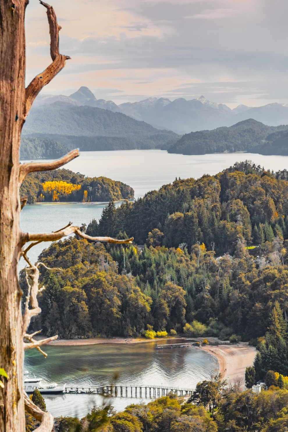 View through a dead tree over forested islands and the blue waters of Nahuel Huapi, Argentina
