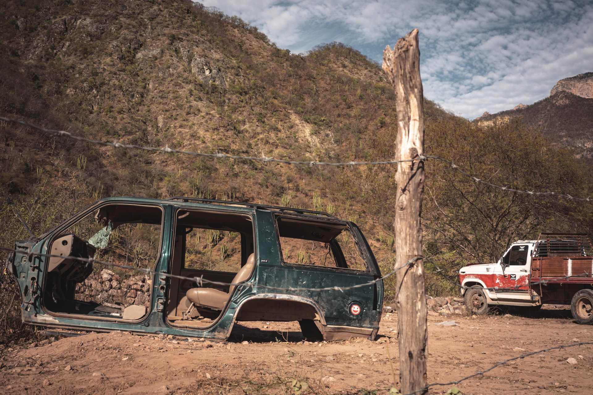 Stripped car wreck next to a dead tree trunk in a dry canyon, Barranca del Cobre, Mexico
