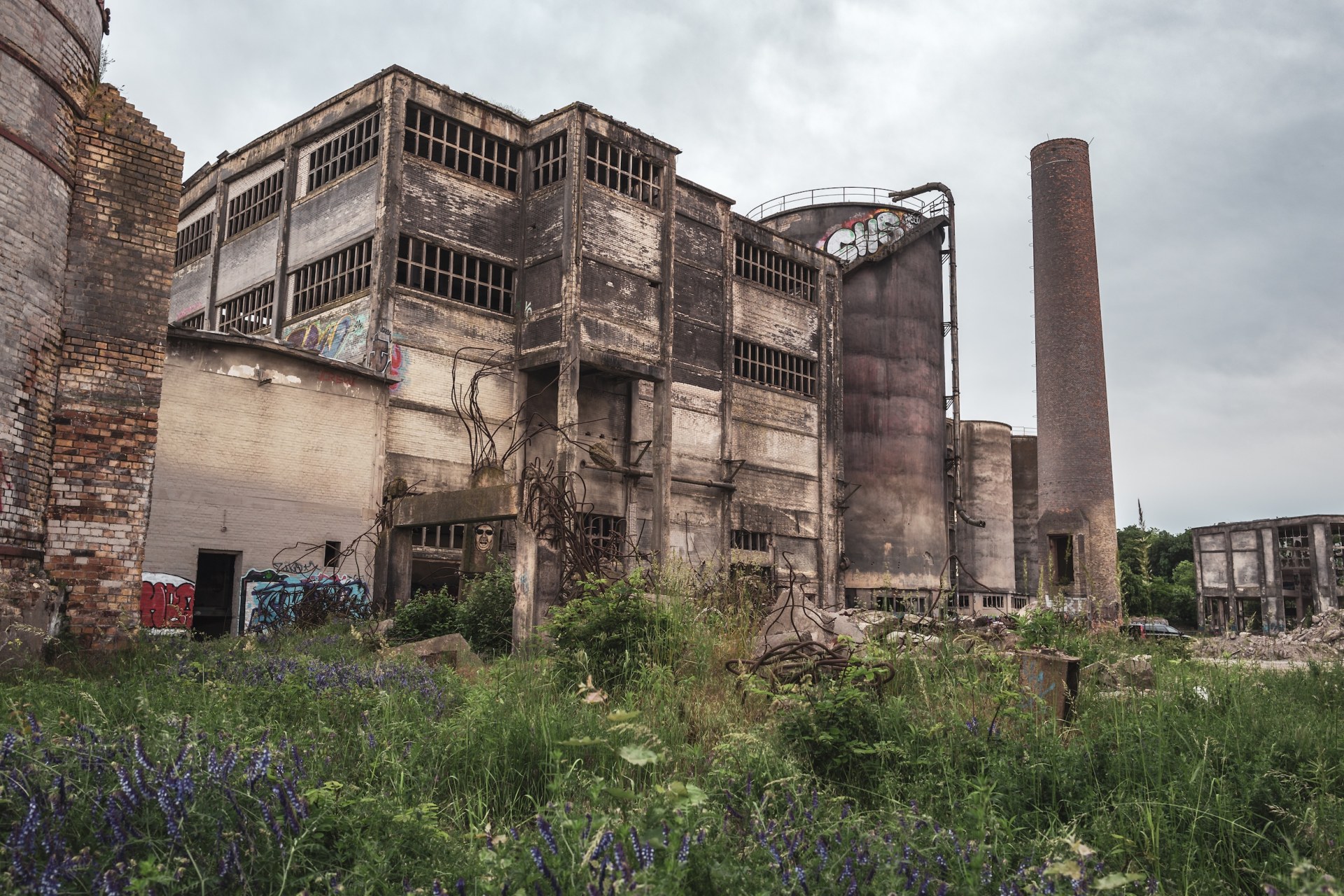Derelict factory buildings, silos and a tall chimney behind wildflowers, Rüdersdorf, Germany