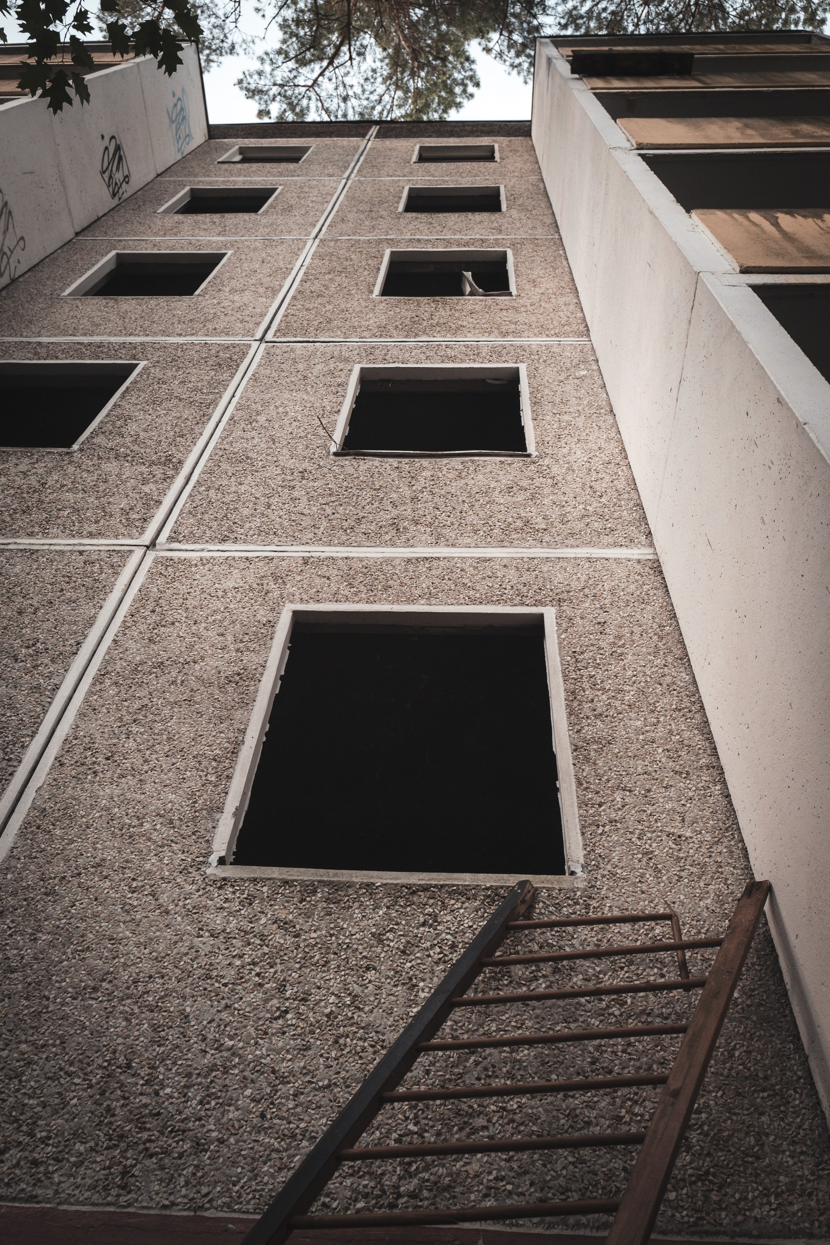 Empty window openings of an abandoned prefab building seen from below, with a leaning ladder, Kummersdorf, Germany