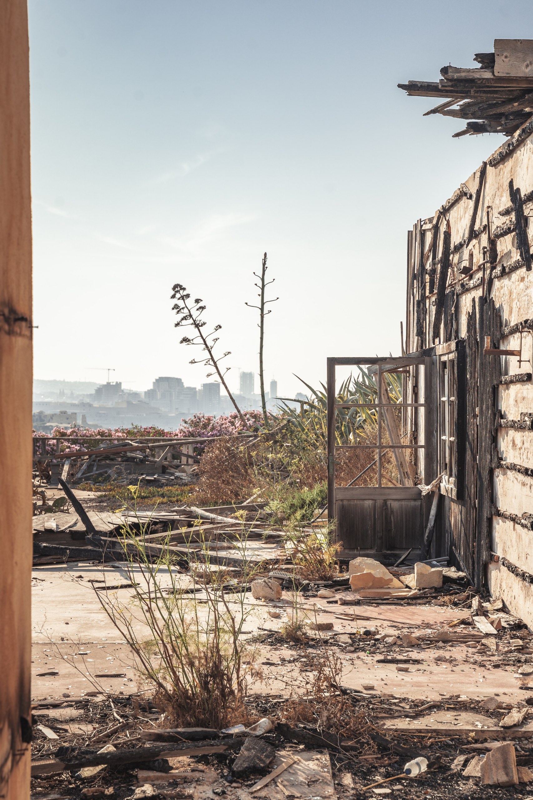 Burnt doorway of a ruined film set building with an agave stalk behind, Rinella Movie Park, Malta