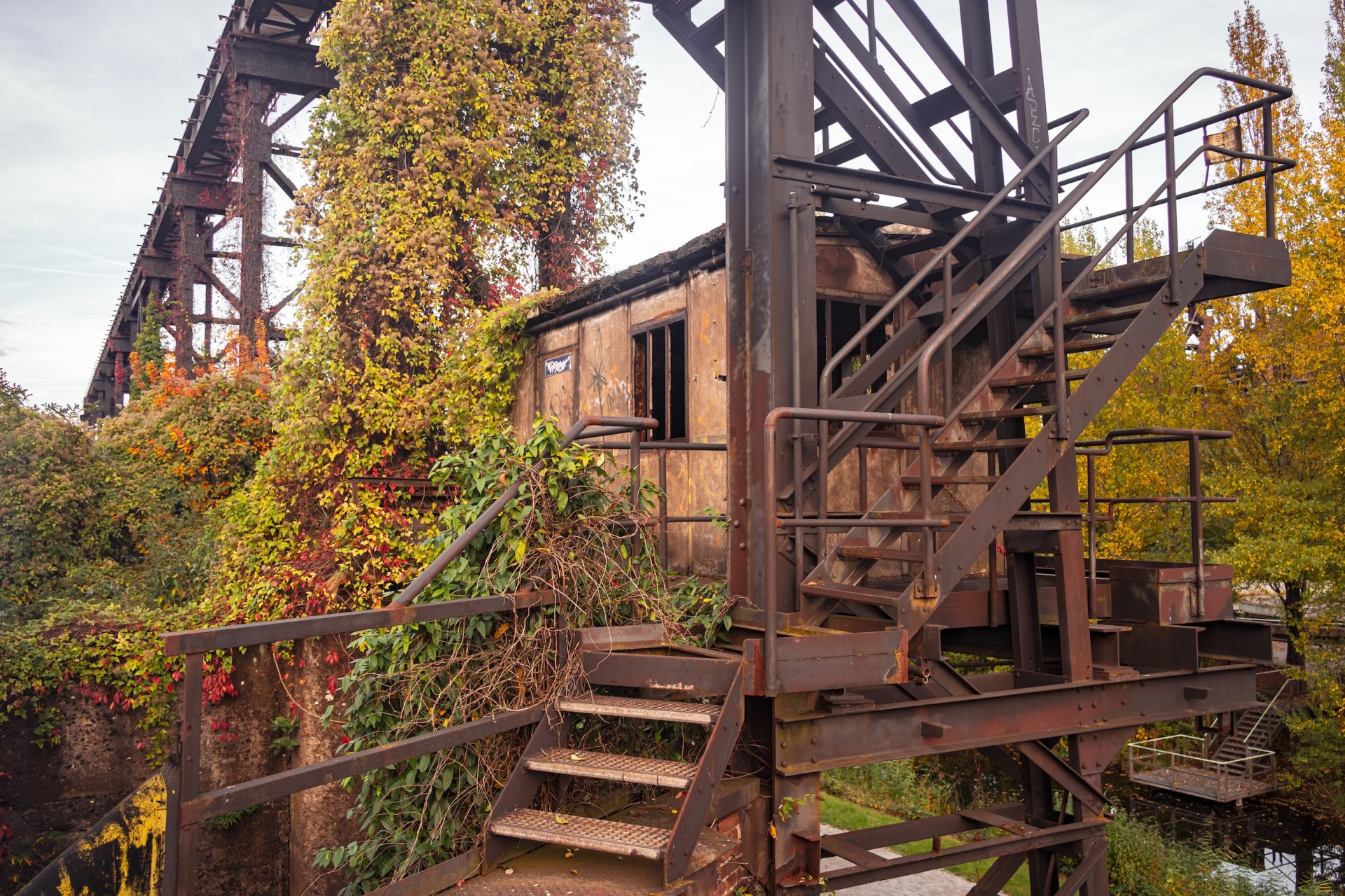 Rusty steel stairs and a small hut overgrown with autumn vines, Duisburg, Germany