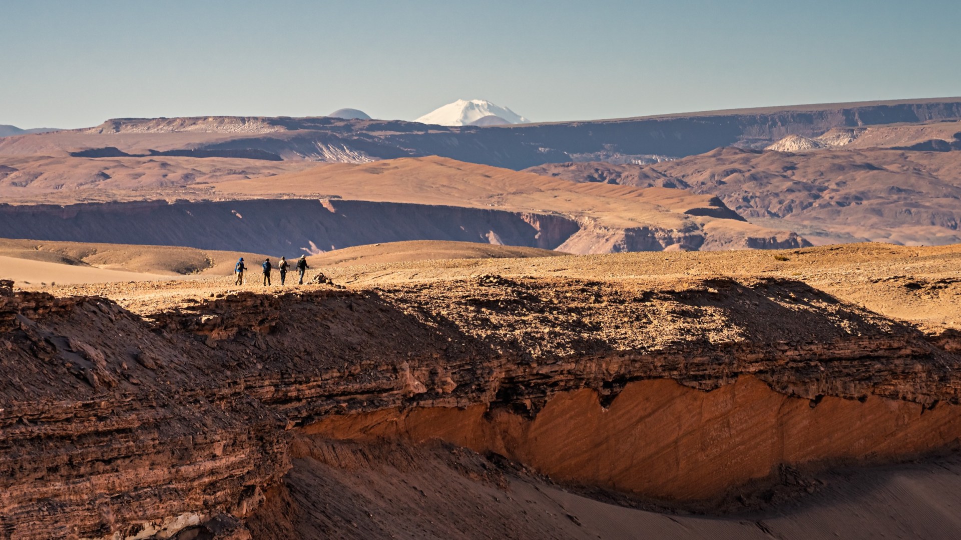 Four hikers on the edge of a layered desert cliff with a snow-capped volcano on the horizon, Atacama Desert, Chile
