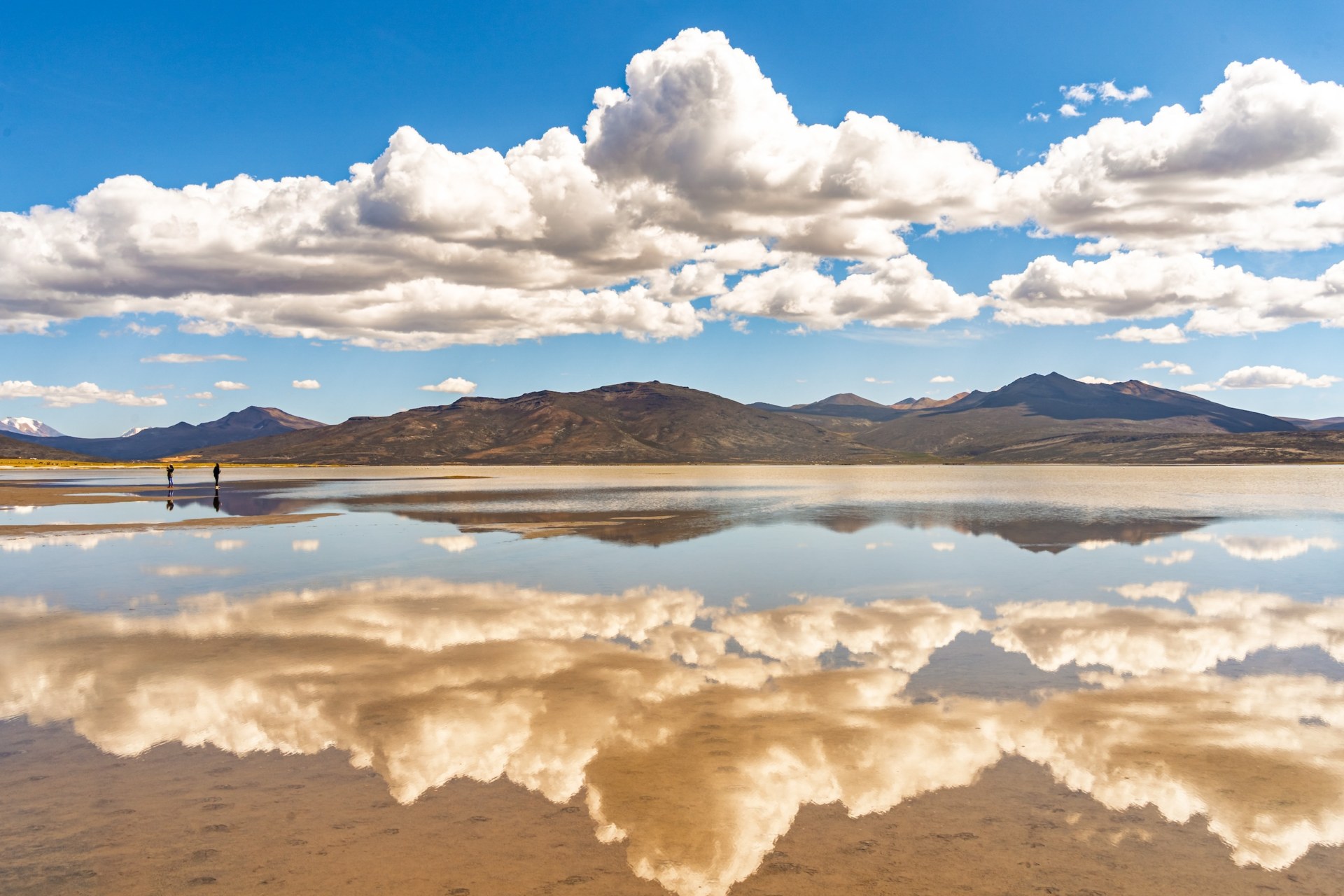Two people on a shallow lake that mirrors clouds and mountains, Laguna de Salinas, Peru